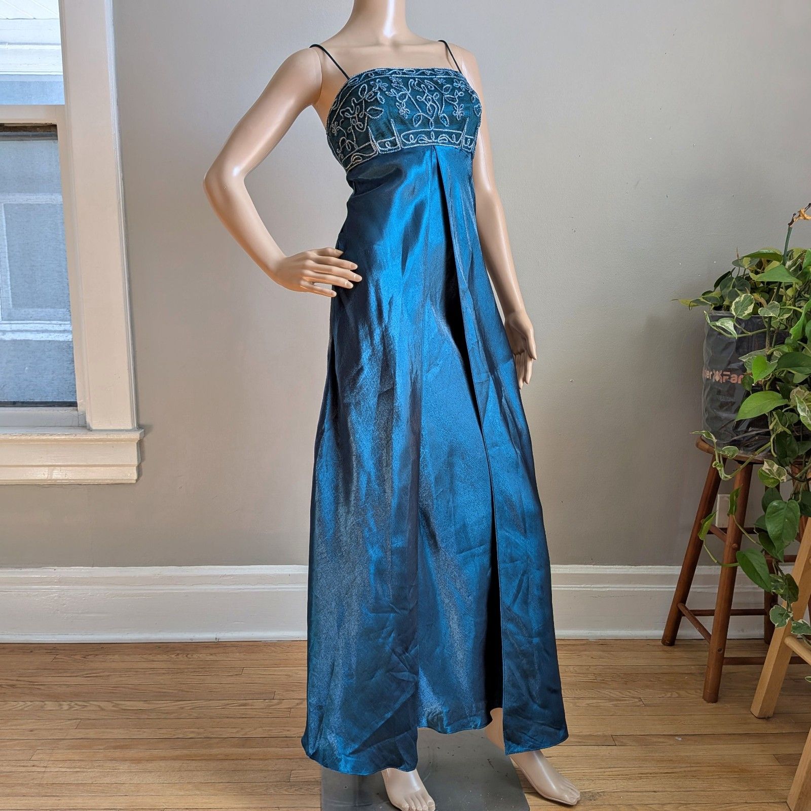 Vintage 90s Y2k Morgan And Co Blue Prom Gown Maxi Dress Regency Size 3/4